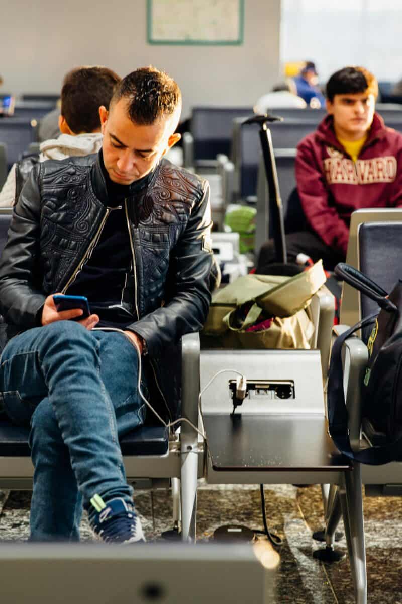 airport charging station travelers