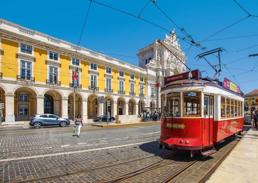 Lisbon, Historic Trams And Crowded Stops In Baixa