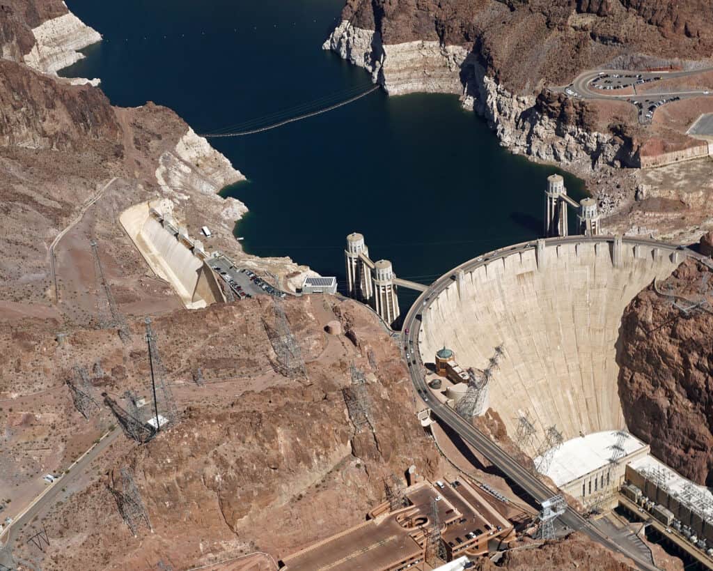 “Hoover Dam plaza overhead view”