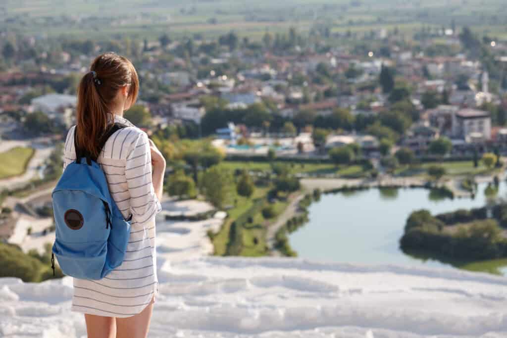 Woman traveler at Pamukkale Natural Park in Turkey