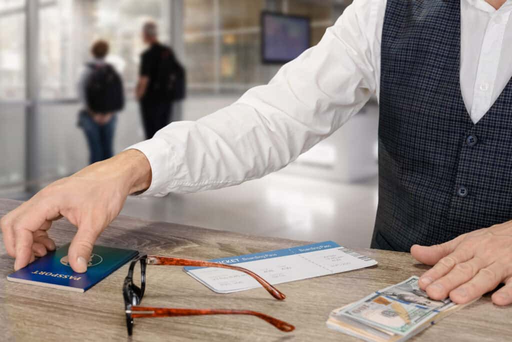 Closeup photo of young businessman waiting for flight check in