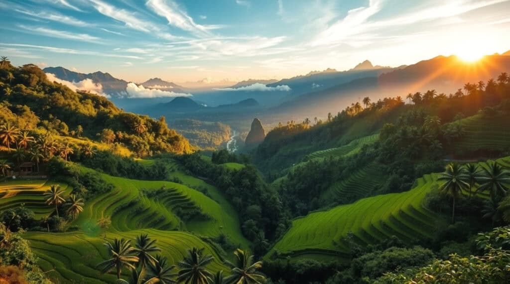 Bali rice terraces morning mist scenic