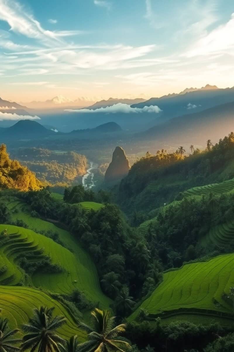 Bali rice terraces morning mist scenic