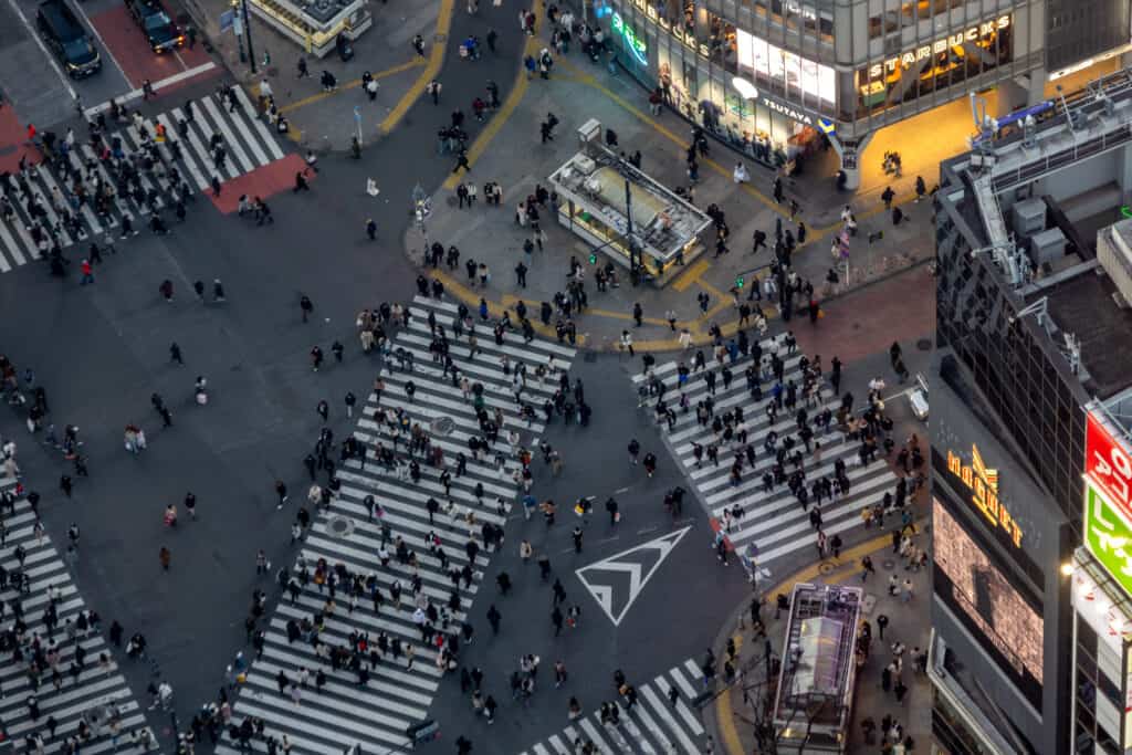 Shibuya crossing crowd aerial Tokyo