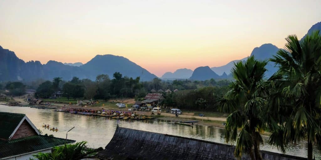 Laos Mekong river town sunset
