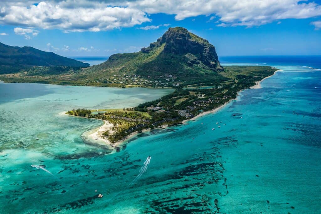 Mauritius Le Morne Brabant mountain beach aerial
