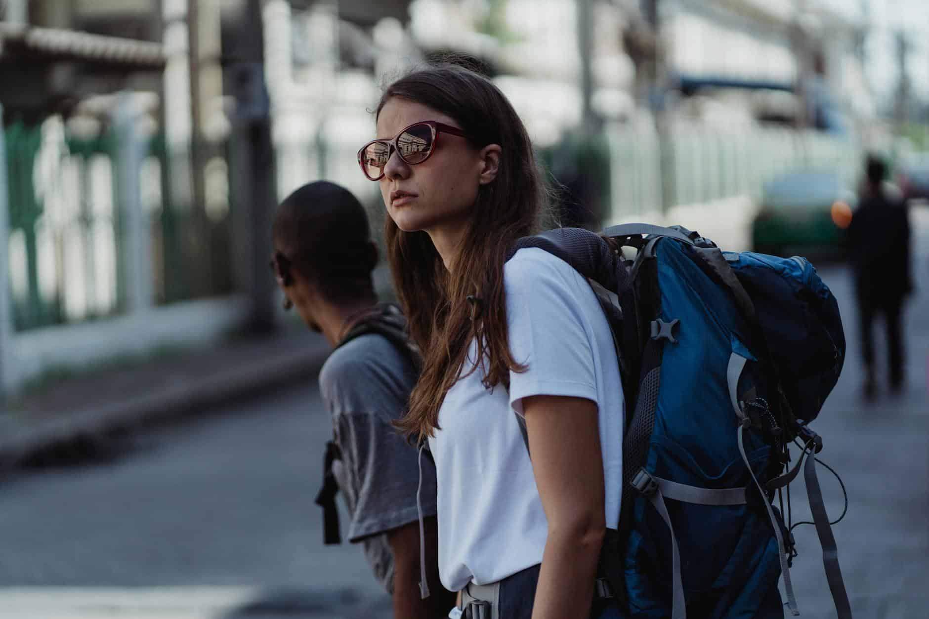 woman traveler city street