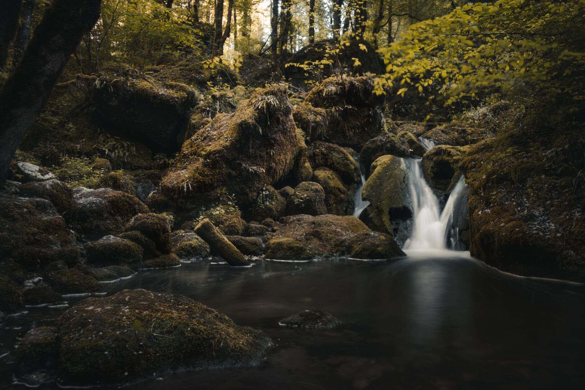 Tranquil waterfall in a lush forest setting with moss-covered rocks and serene waters.