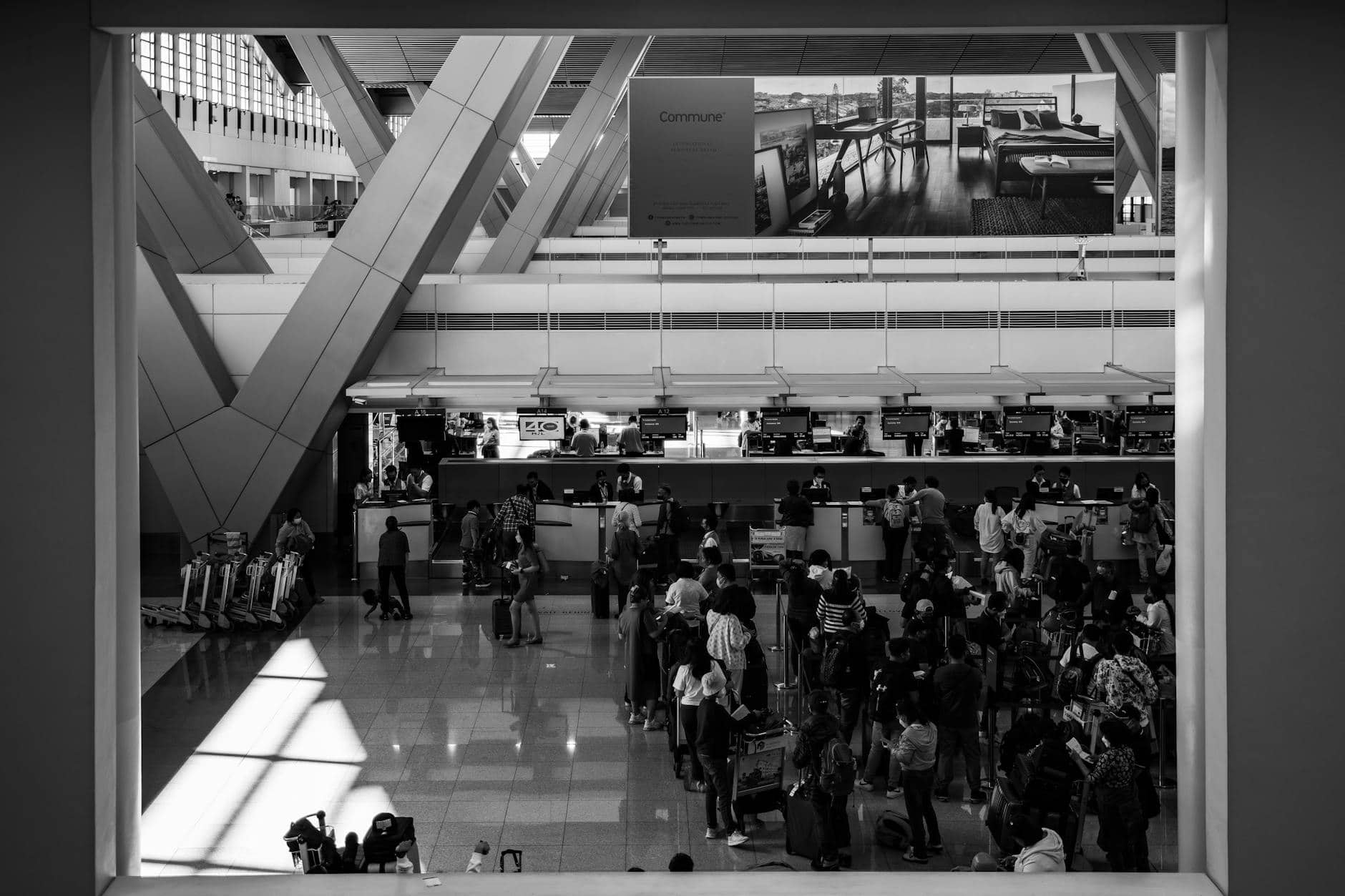 crowded airport lounge