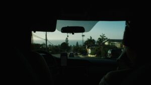 View from a car on a coastal road, showing lush greenery and ocean horizon.