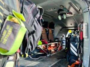 Inside view of a medical helicopter equipped for emergency rescues.
