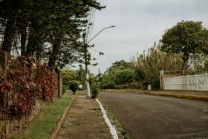 A serene suburban street lined with trees and fences on a cloudy day, exuding calmness.