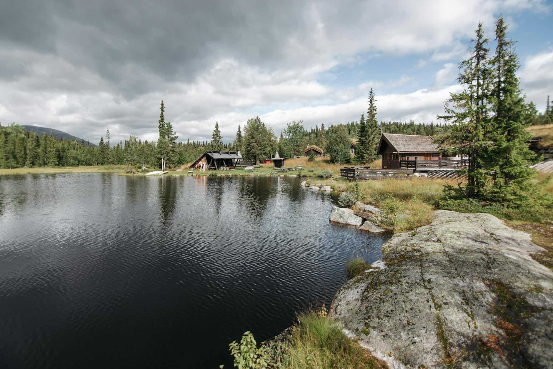 Peaceful rural landscape with cabins and trees by a lake under cloudy skies.