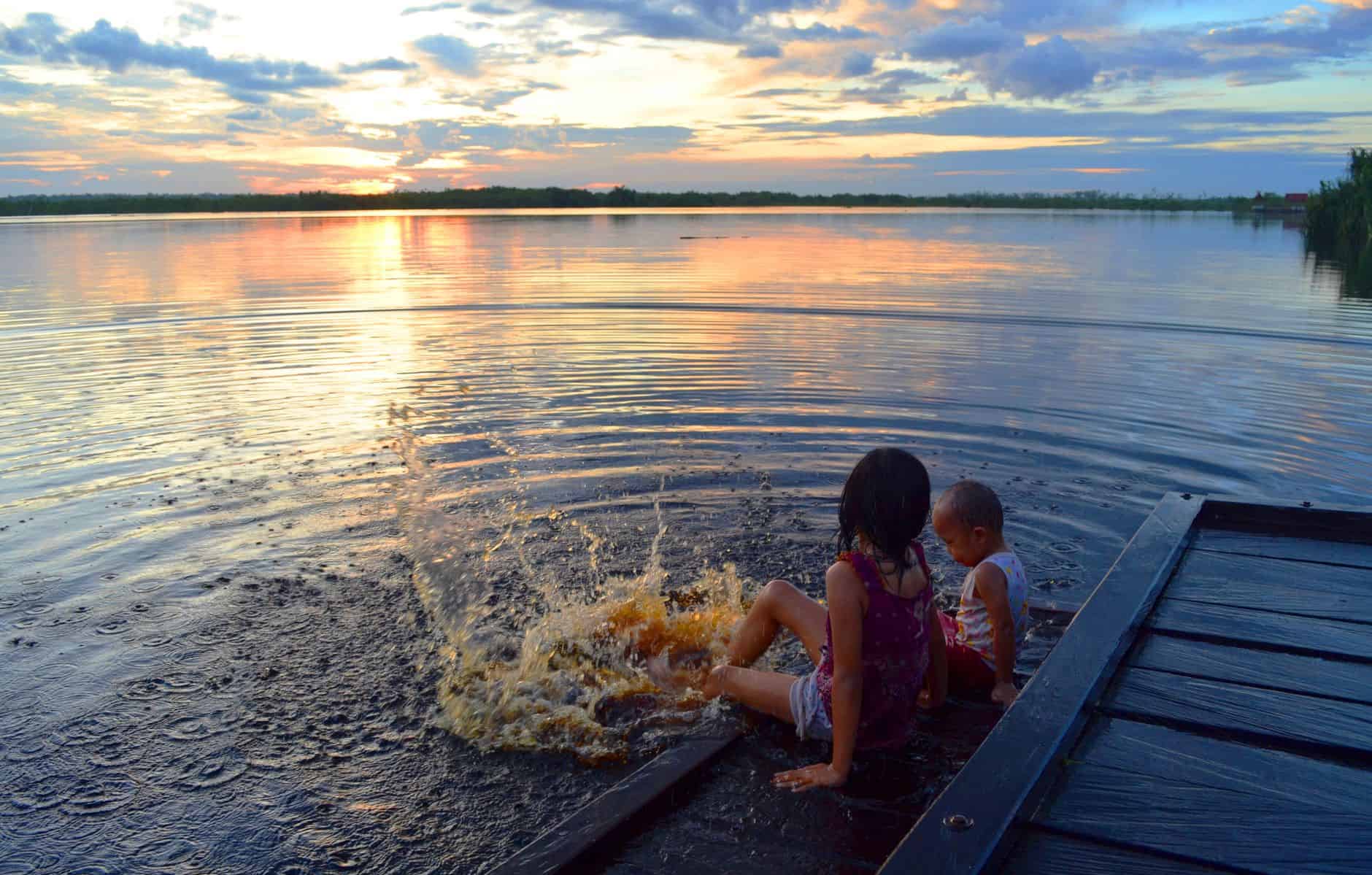 family lake sunset