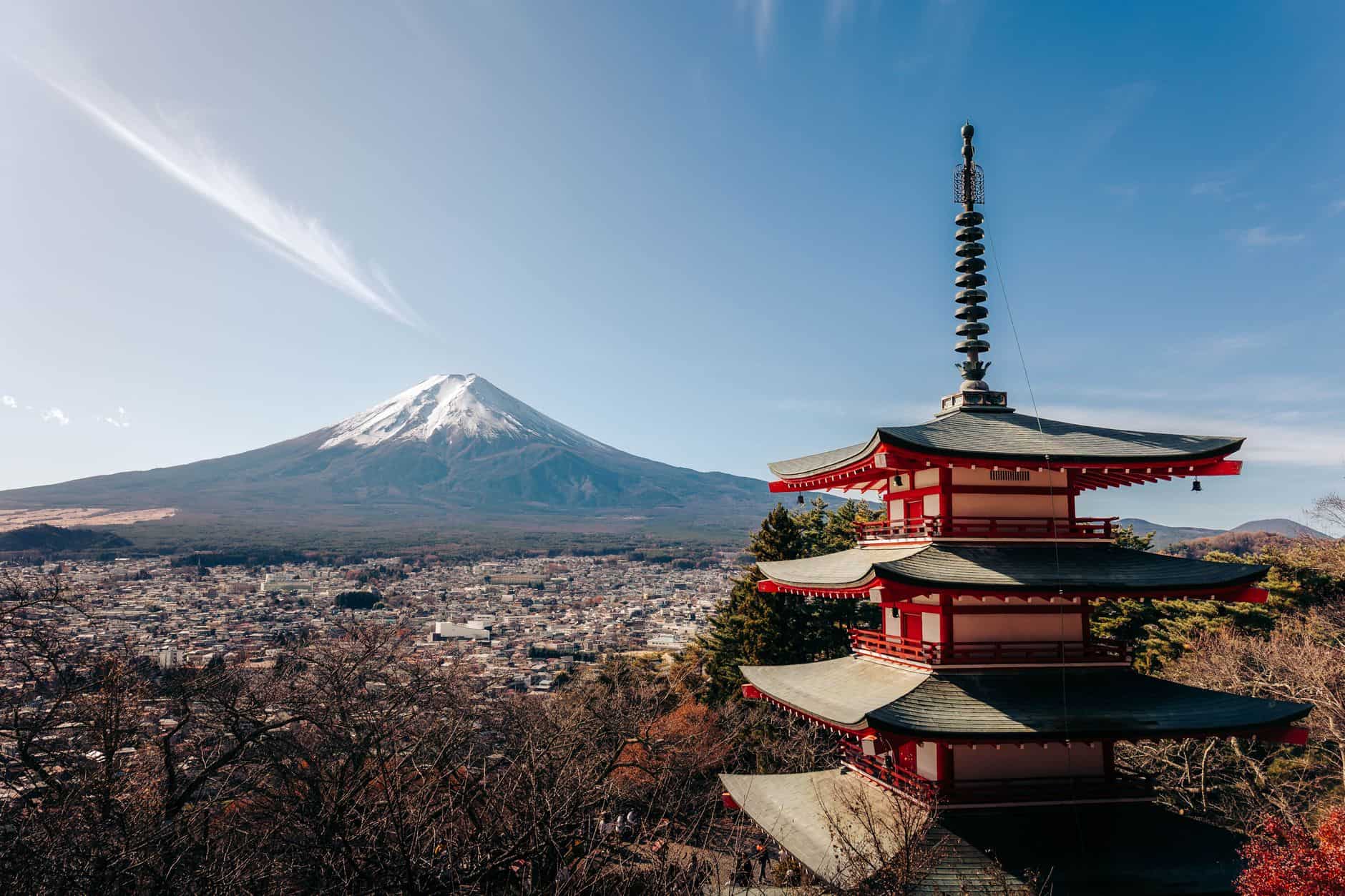 stunning view of mount fuji with pagoda