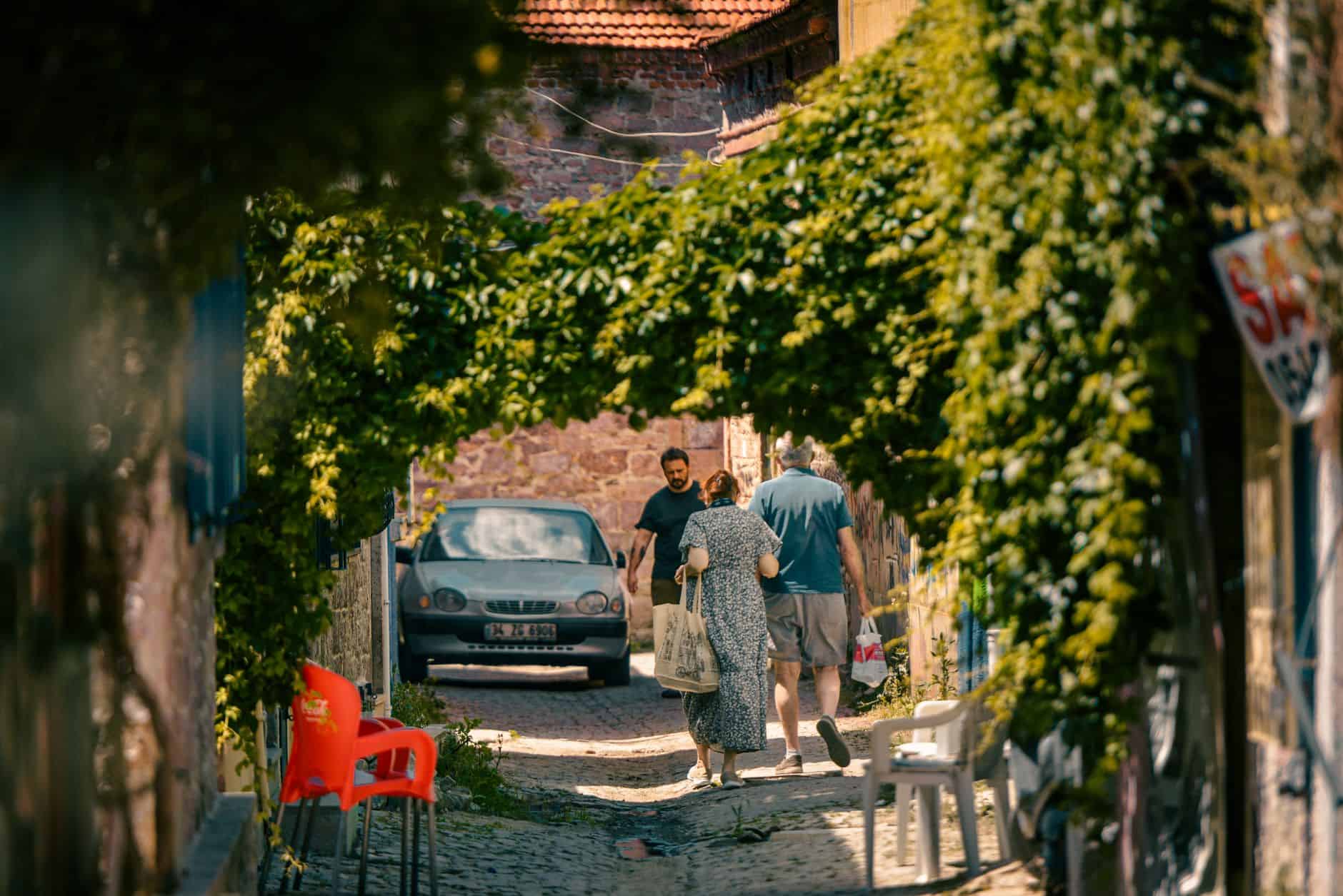 Picturesque cobblestone street with lush greenery and local people in a serene Mediterranean village.