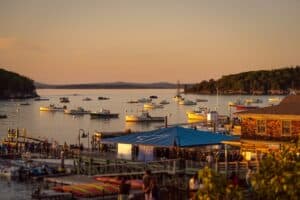 Crowded Main Street in Bar Harbor Maine during summer tourist season
