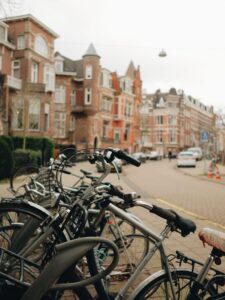 Walkable European street with bike lanes and pedestrians