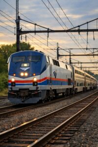 Amtrak train crossing scenic American landscape