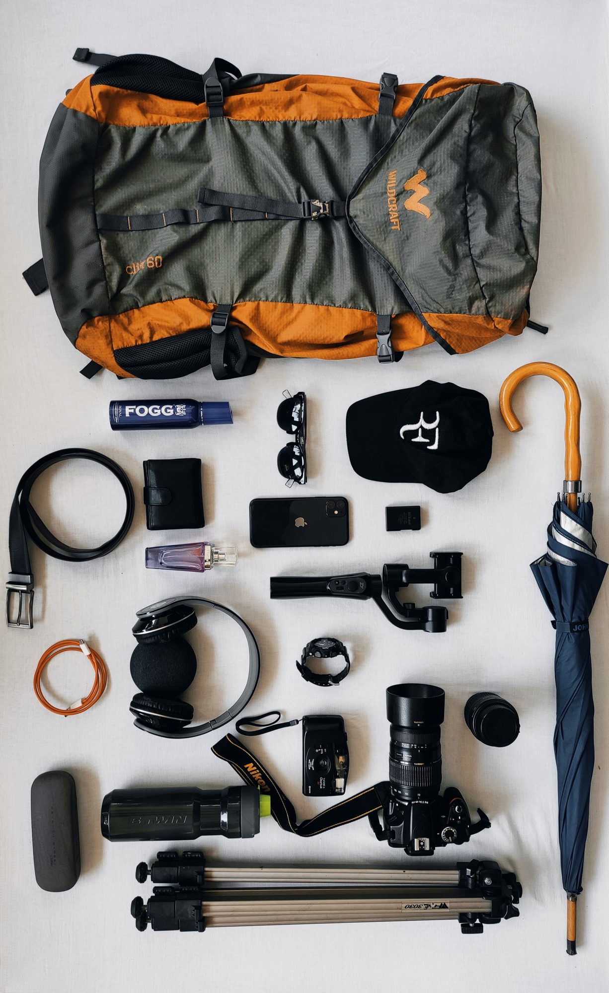 Essential travel gear and accessories laid out for packing