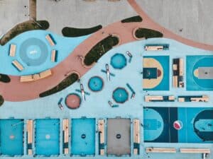 Gathering Place park pavilion and playground along Arkansas River in Tulsa