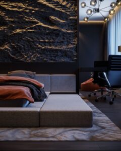 Well-designed hotel room interior with lighting and furniture details