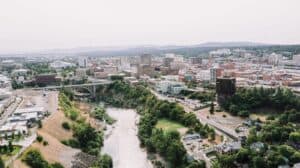 Downtown Spokane Washington skyline along the Spokane River
