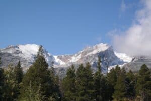 Main street in Estes Park Colorado with Rocky Mountain National Park backdrop