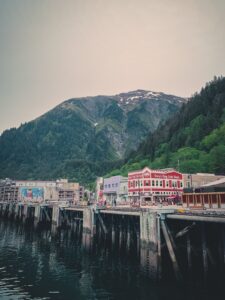 Juneau Alaska waterfront with floatplanes and mountains