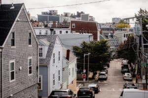 Jamaica Plain Boston neighborhood street with triple-decker houses