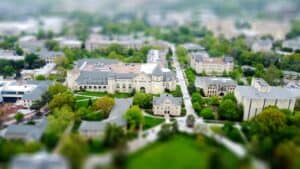 College town skyline with research buildings