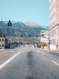 Colorado Springs downtown skyline mountains