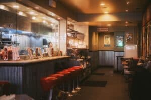 Classic diner counter with red stools