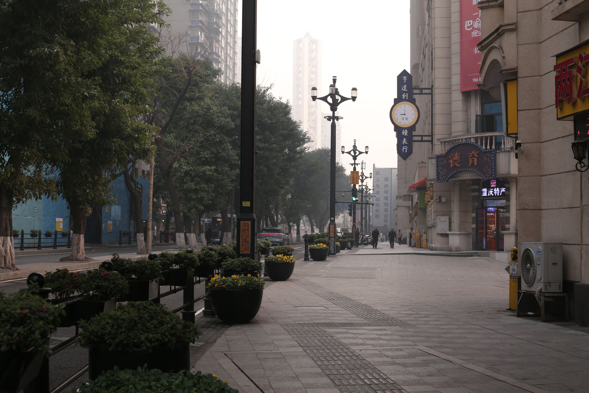Empty European plaza captured in early morning light