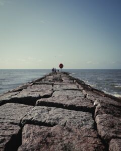 Historic Galveston Texas seawall and beach houses on stilts
