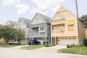 Colorful street art and bungalows in Montrose neighborhood Houston Texas