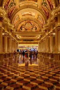 Interior casino gaming floor in Las Vegas with no visible windows