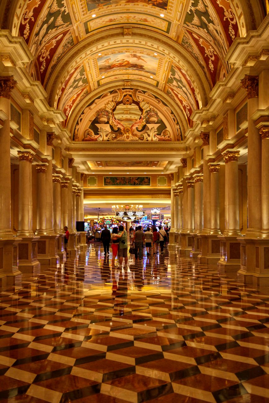 Interior casino gaming floor in Las Vegas with no visible windows