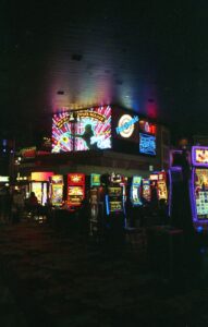Winding maze-like layout of slot machines in a Las Vegas casino