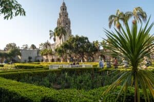 Visitors walking through Balboa Park in San Diego