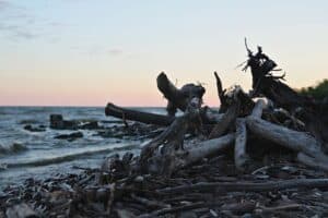 Sunset over a Great Lakes shoreline