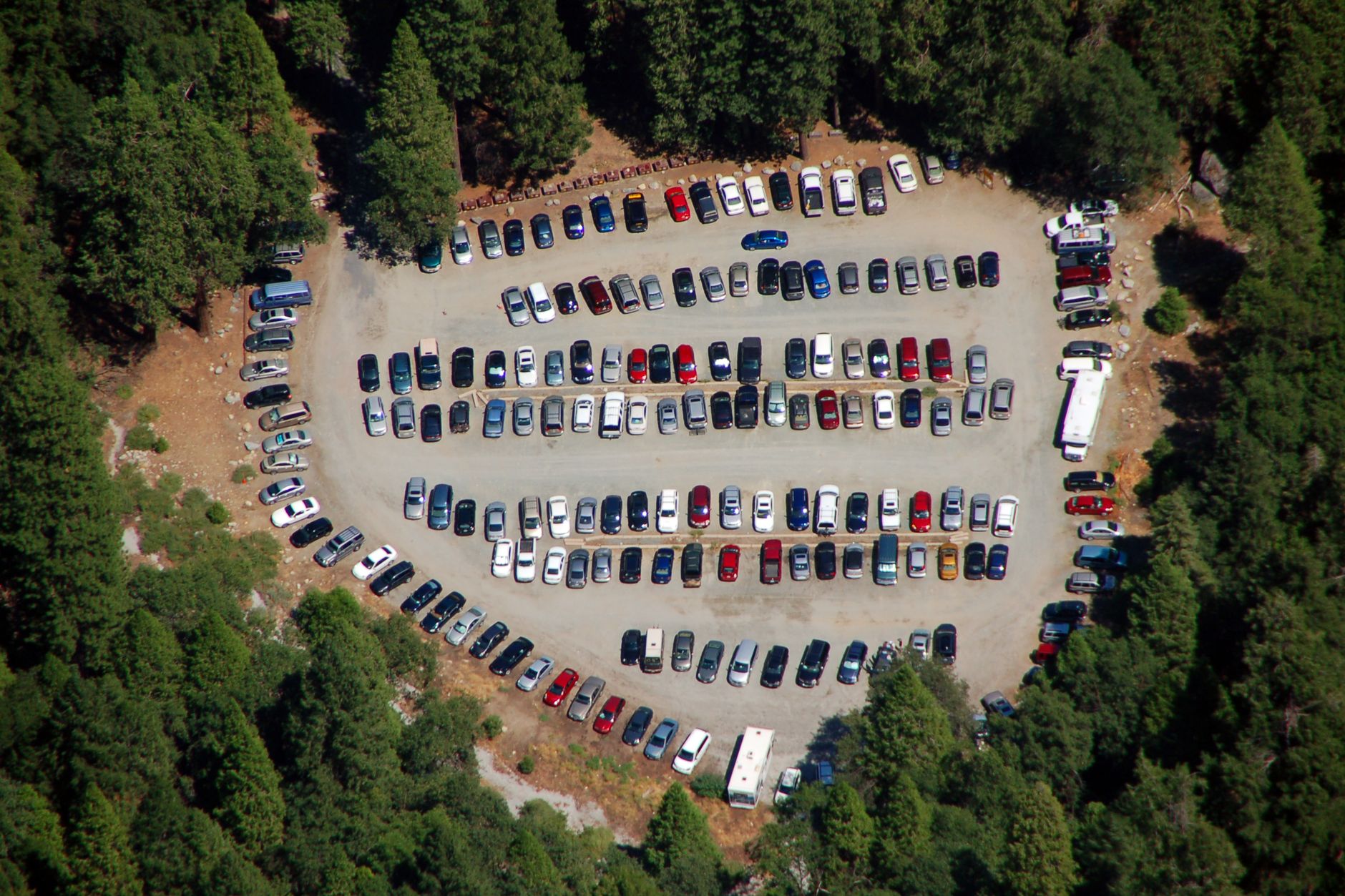 Full parking lot at a popular trailhead