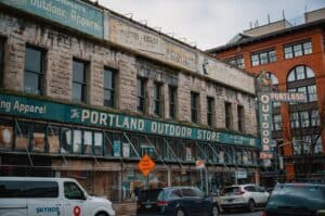 Downtown Portland Oregon street with storefronts