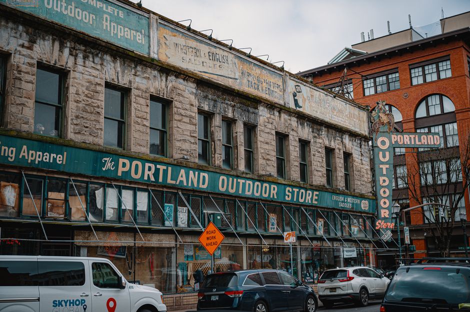 Downtown Portland Oregon street with storefronts