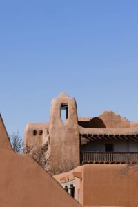 Adobe style buildings and plaza in downtown Santa Fe New Mexico
