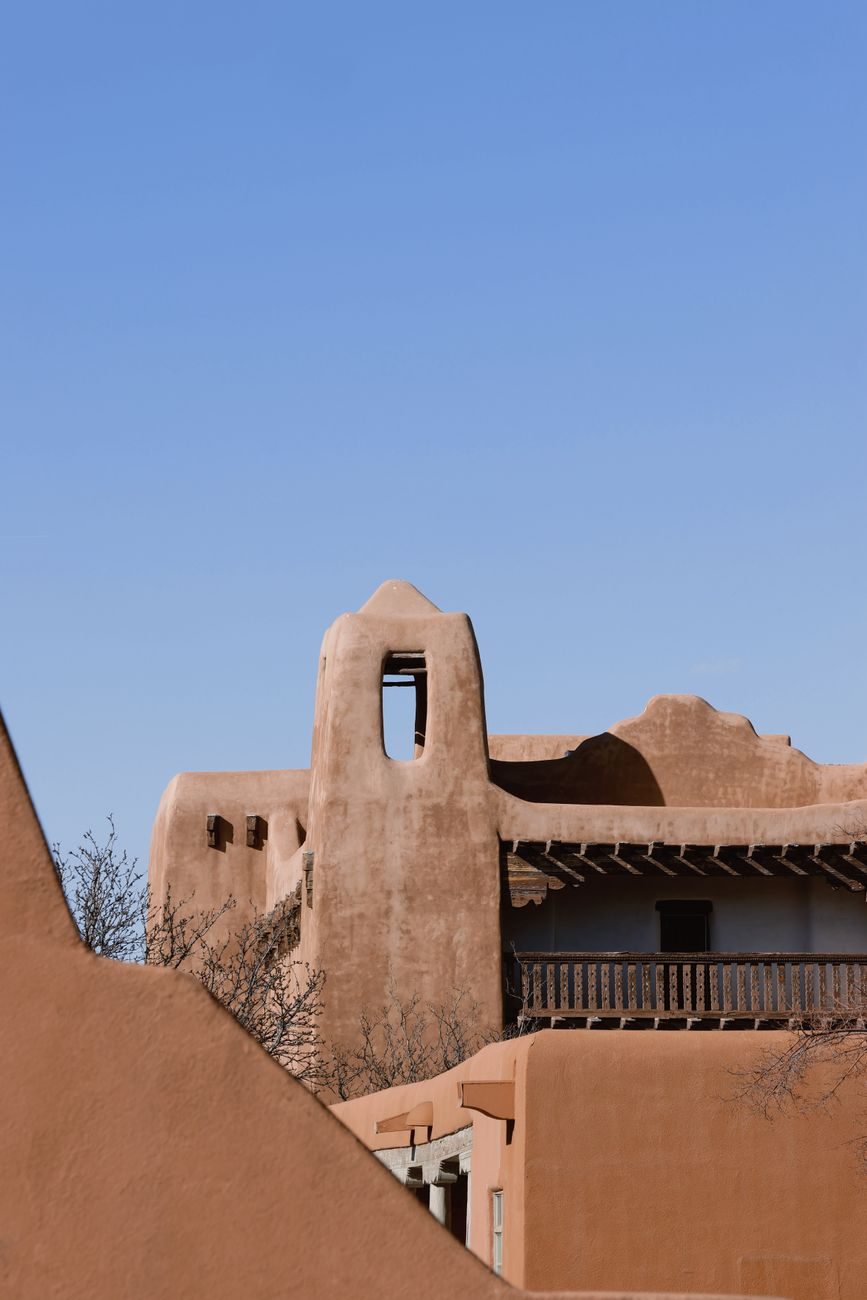 Adobe style buildings and plaza in downtown Santa Fe New Mexico