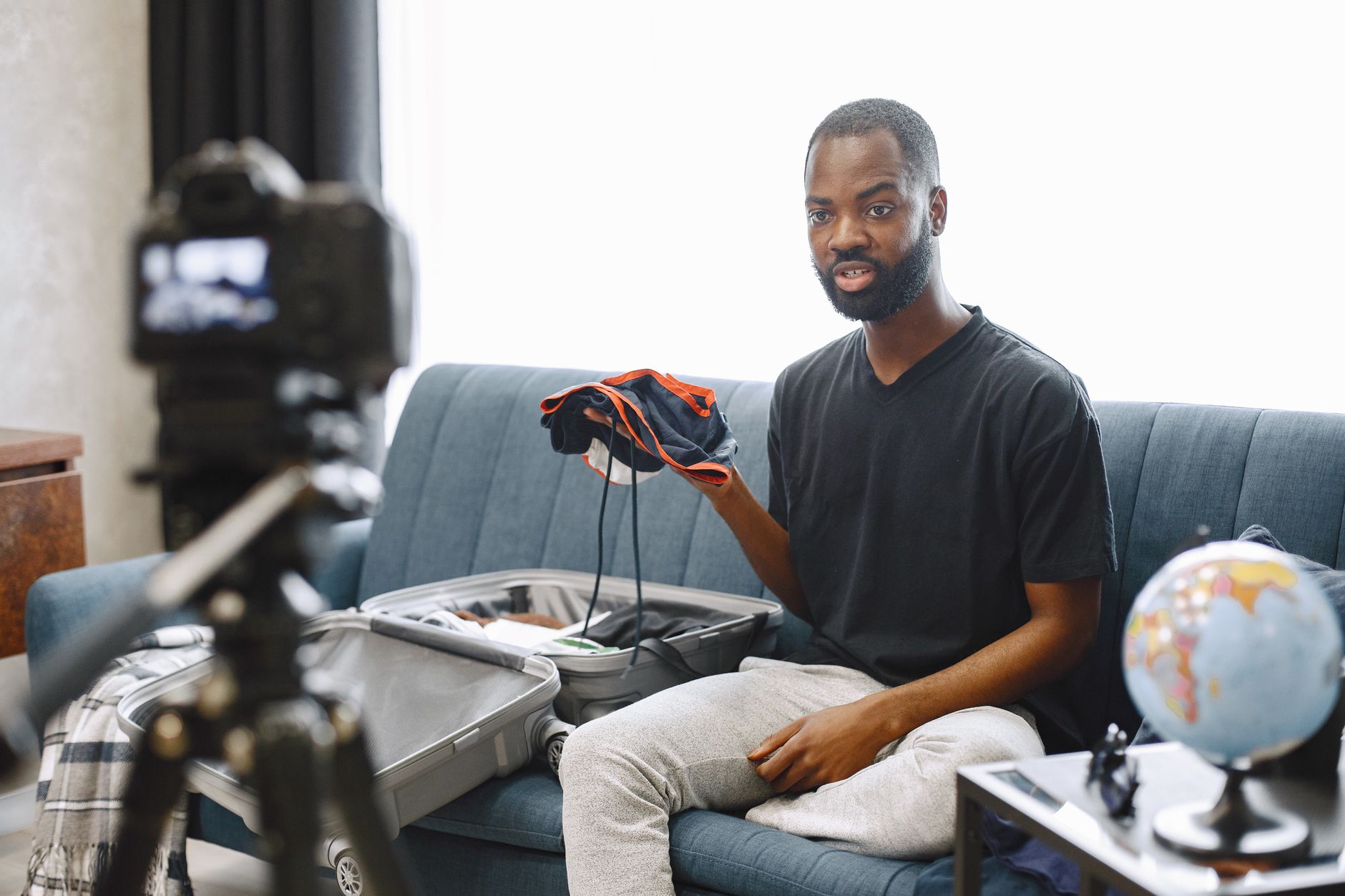 Content creator filming travel video abroad
