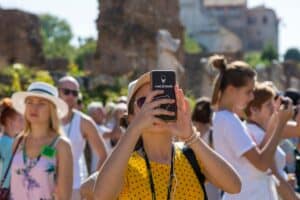 Travelers enjoying a scenic moment without looking at phones