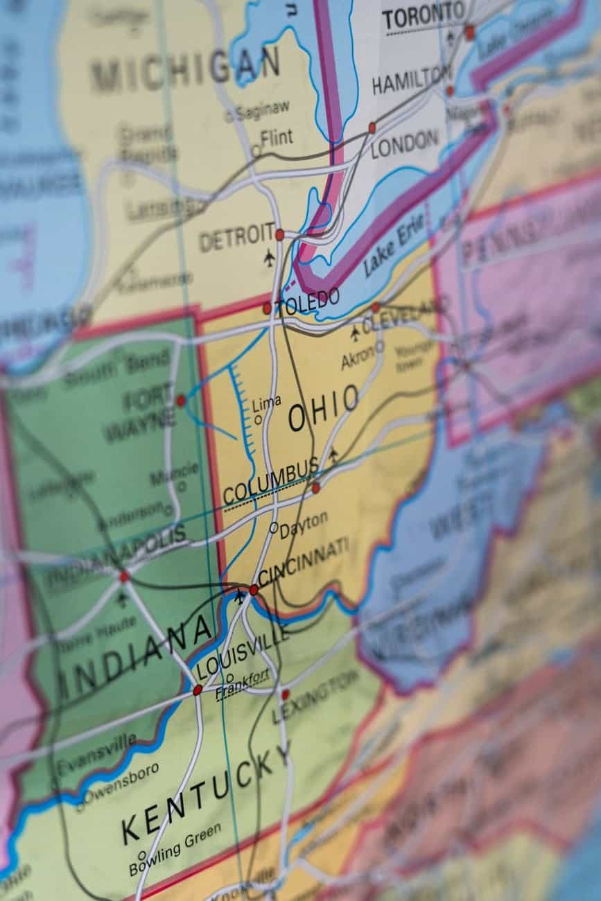 Detailed close-up of a Midwest USA paper map showing Indiana, Ohio, Kentucky - perfect for geography enthusiasts.