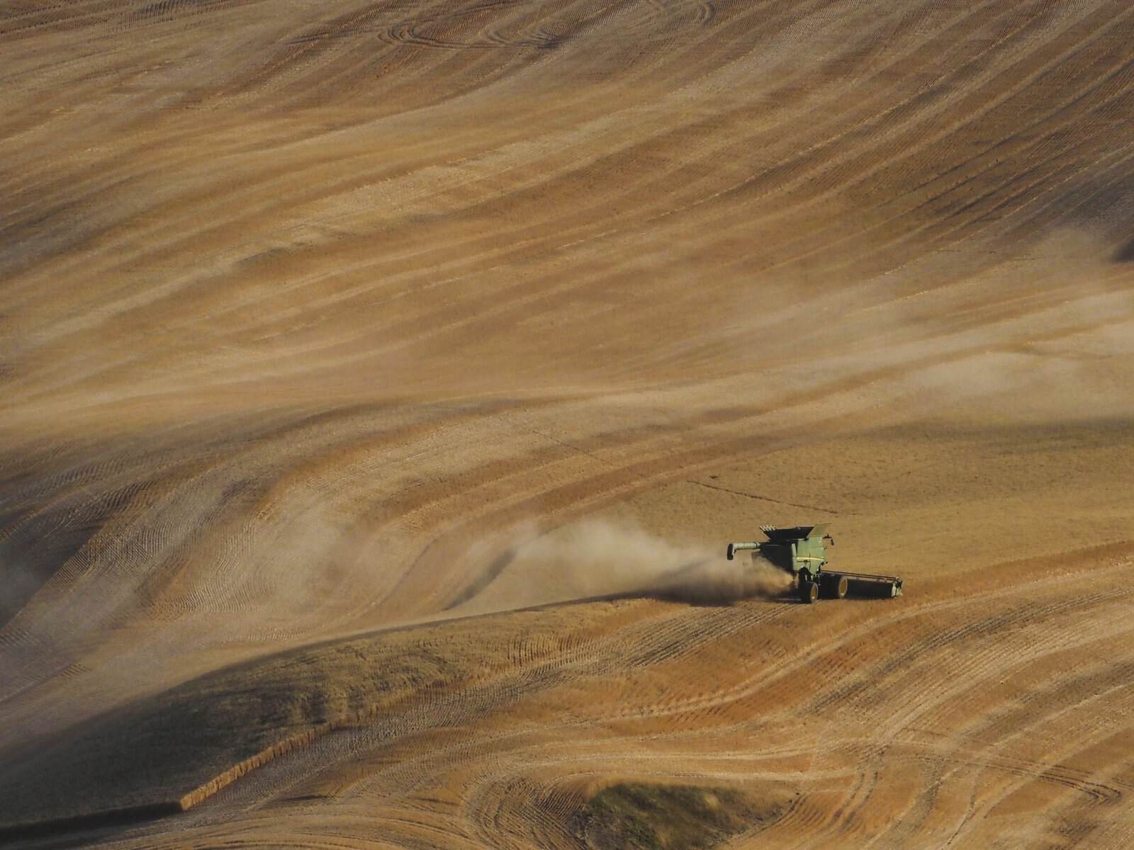 Aerial shot of a combine harvester on undulating wheat fields in Palouse, Washington, USA.